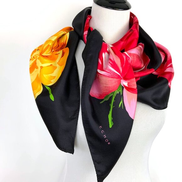 ECHO Large Square Silk Scarf Rose Blossons on Black Background 35" - Picture 2 of 16